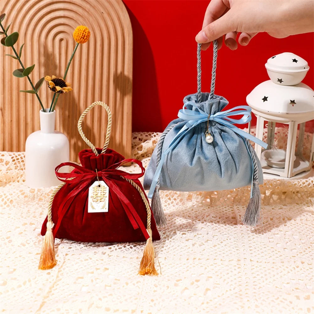 Caja de dulces de terciopelo, bolsa de regalo, bolsa de tela de terciopelo con cordón y borlas, bolsas de dulces para fiesta de boda, bolsillo con cordón de moda para fiesta de boda