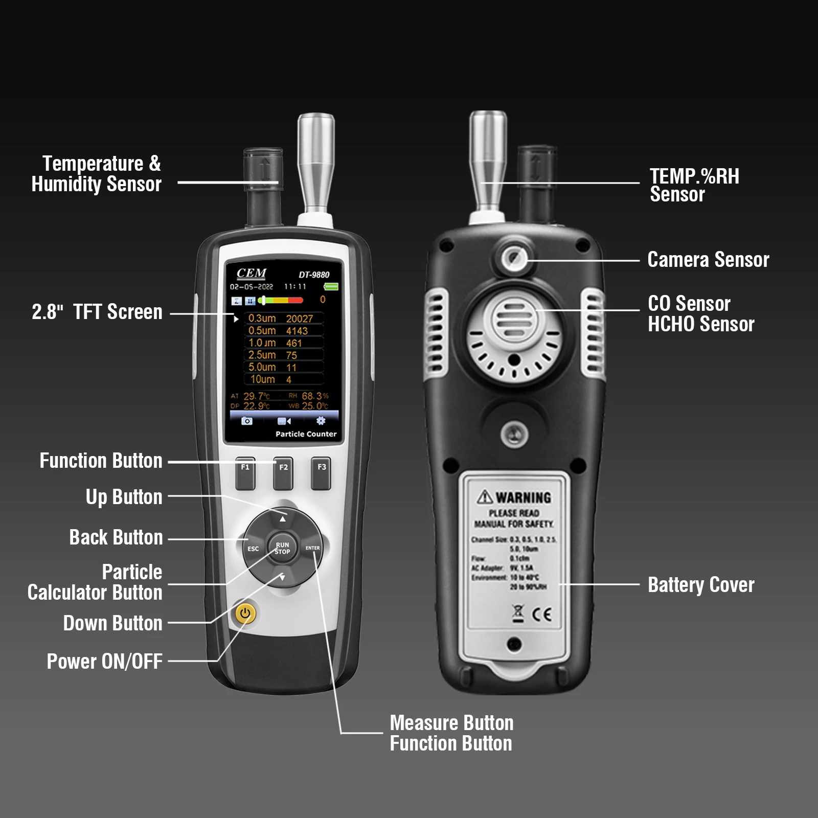 CEM DT-9881 Handheld Cleanroom Particle Counter HCHO CO (PM 0.3,0.5,1.0,2.5,5.0,10μm) Air quality Detector with Camera