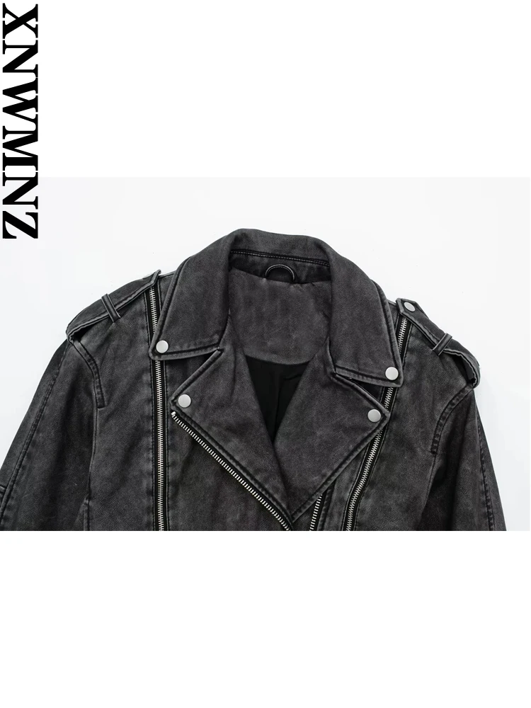 XNWMNZ 2023 Women\'s Fashion Autumn/Winter Faux Leather Worn Effect Biker Jacket Women Retro Long Sleeve Zipper Female Coat