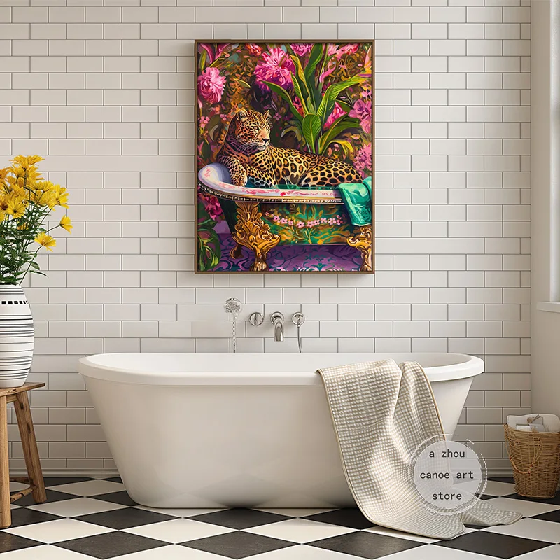 Trendy Funny Bath Animal Cute Otter Leopard in A Bathtub    Art Poster Canvas Painting Wall Prints Picture for Room Home Decor