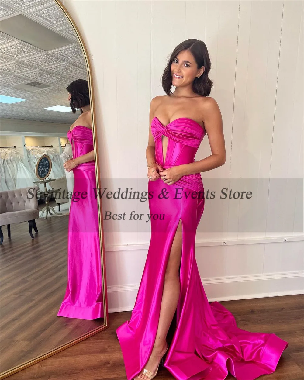 Sevintage Customized Sexy Fushia Satin Prom Dress Mermaid Strapless High Slit Floor Length Sweep Floor Evening Dress 2024