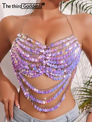 Sexy y2k clothes metal sequin corset crop top women summer body cropped beach halter tank top see through nightclub party tops