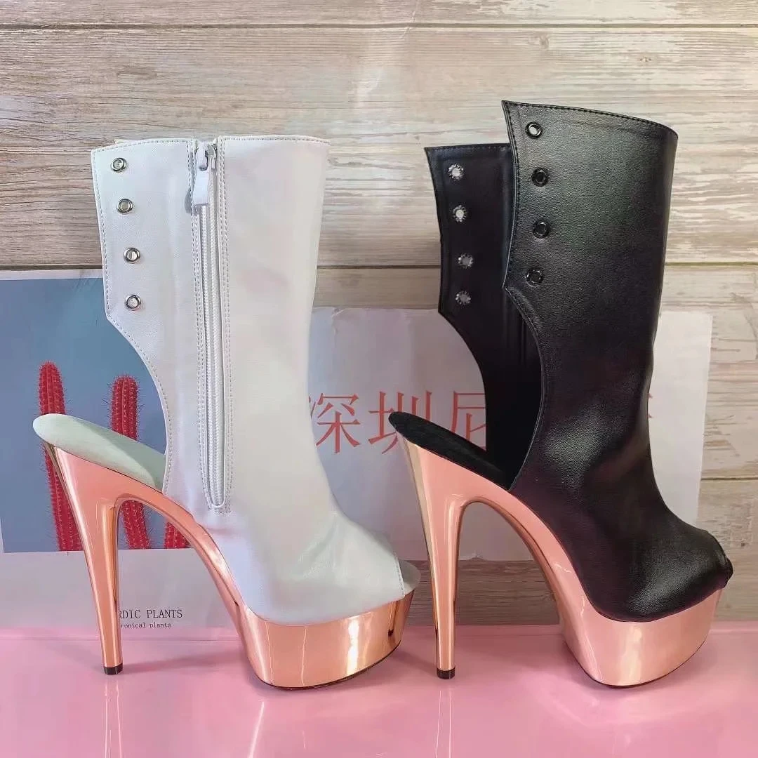 6 inch heels, stylish 15 cm electroplated stilettos, open toes, party club performance pole dancing ankle boots