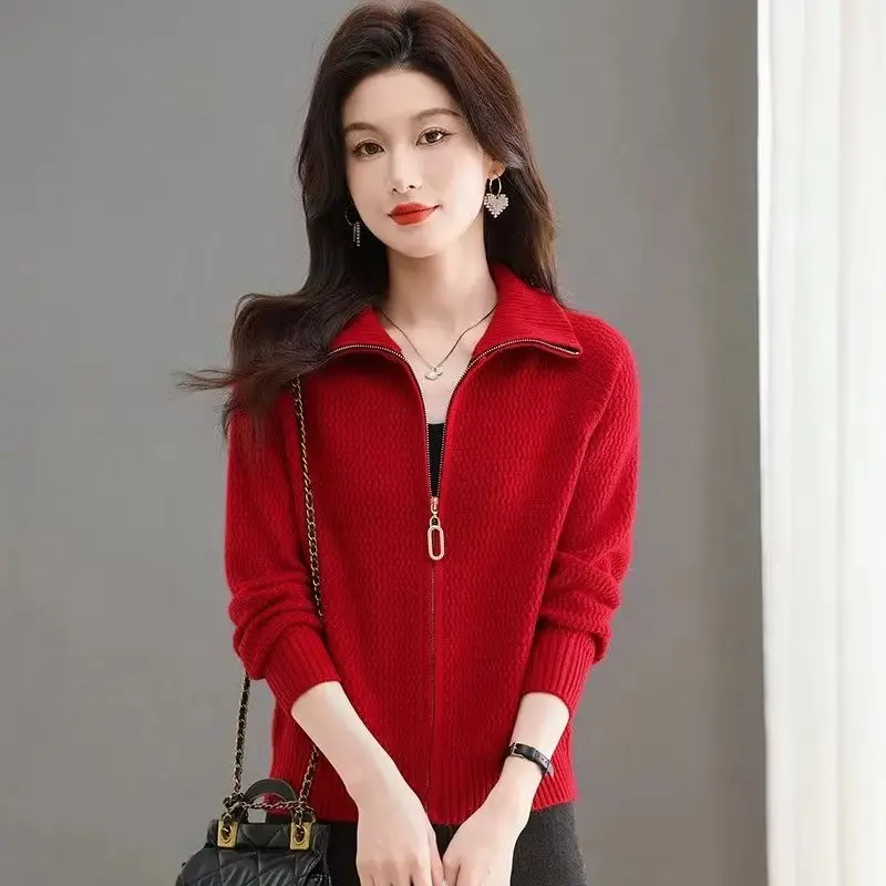 

New Lapel Sweater Women Autumn Winter Knitted Cardigan Coat Female Zipper Casual All-Match Warm Ladies Sweater Outerwear Tops