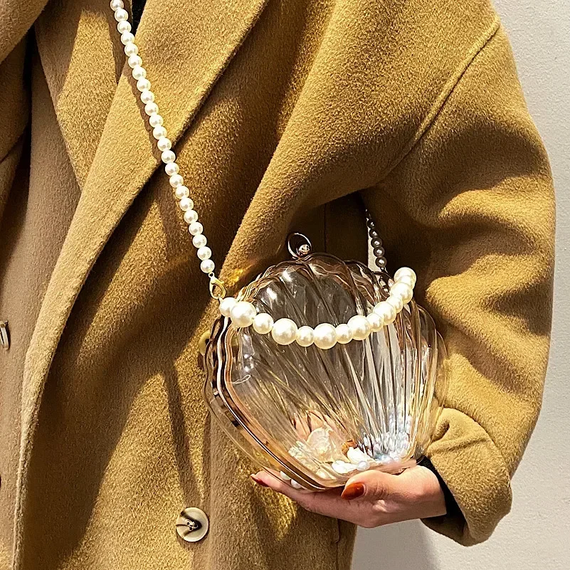 Evening Bags for Women 2023 New Transparent Shell Bag Clutch Box Handbags Pearl Chain Crossbody Bag Acrylic Purse Shoulder Bag