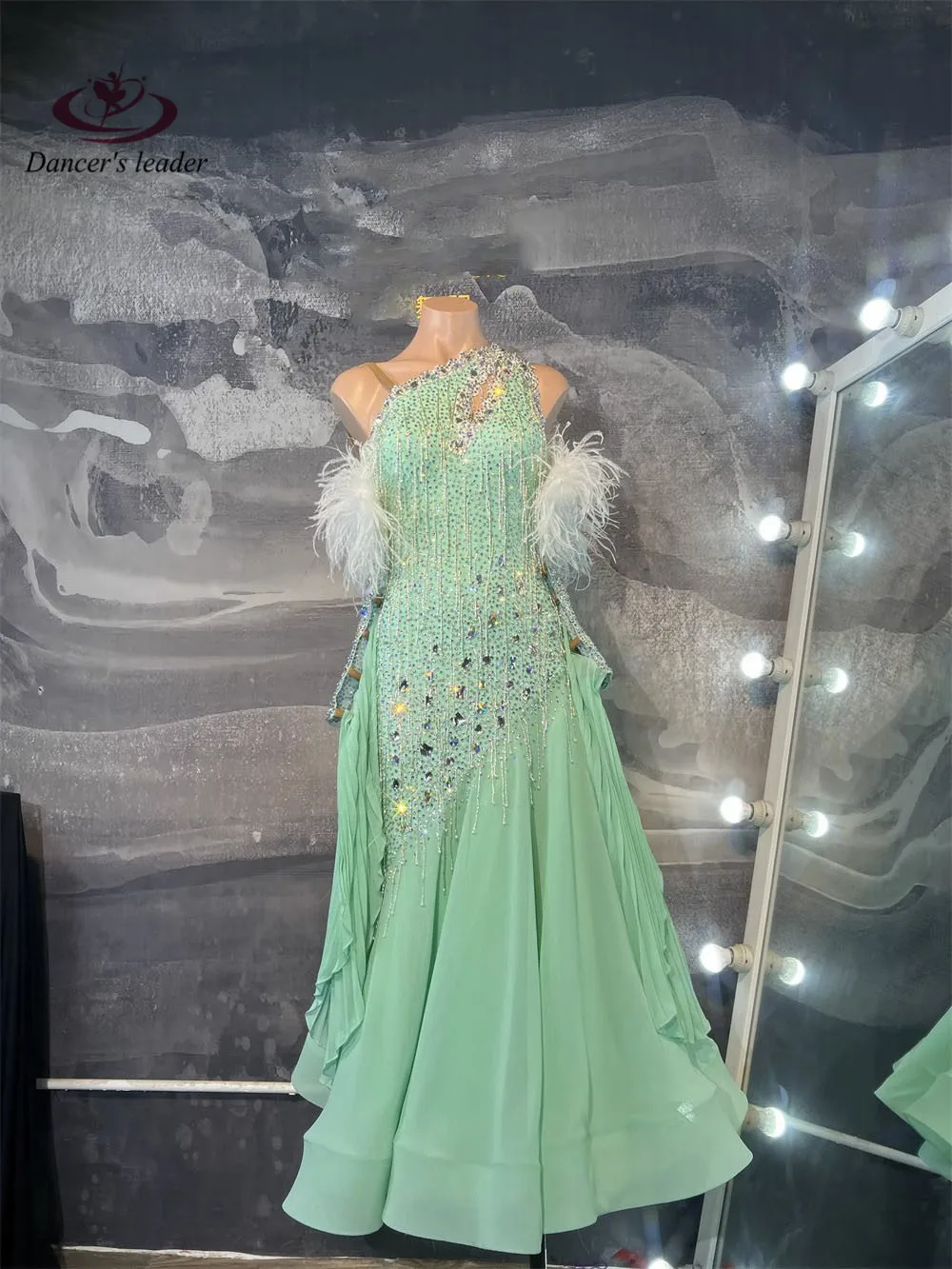 Ballroom Dress High end Customized Wilderness Green Full Diamond Large Hem Cha Tango Female Adult Stage Professional Clothing