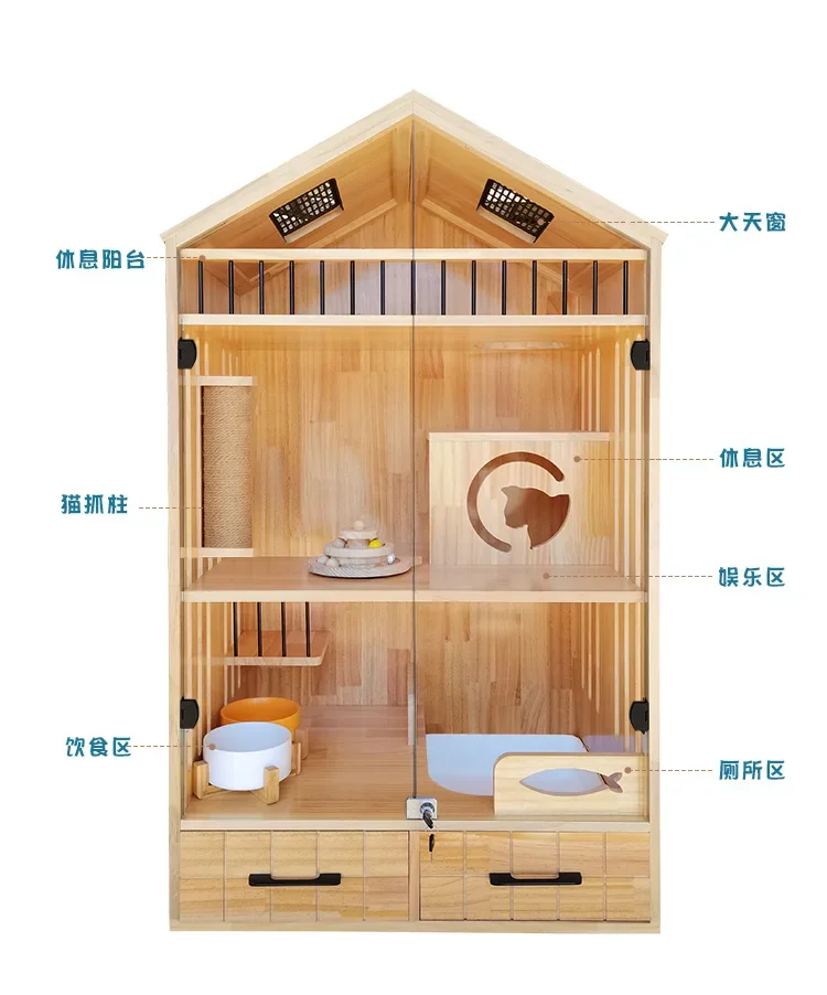 Cat Villa Family Solid Wood Cabinet Interior