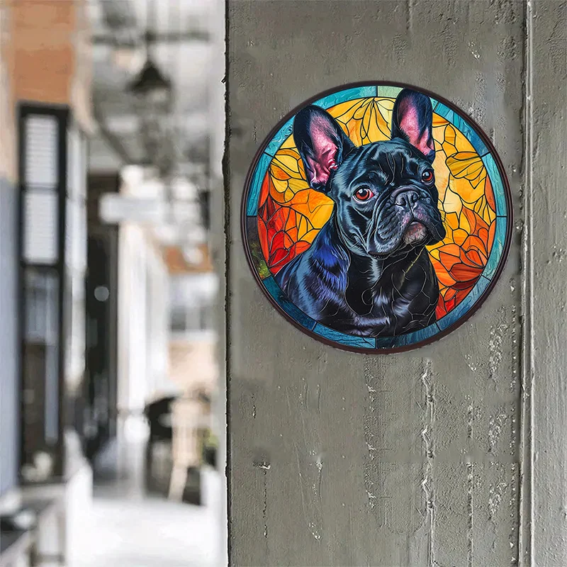 1pc 20X20cm/8X8in Dog Round Metal Aluminum Sign, Animal French Bulldog Faux Stained Glass Wreath Sign, Round Wreath Sign