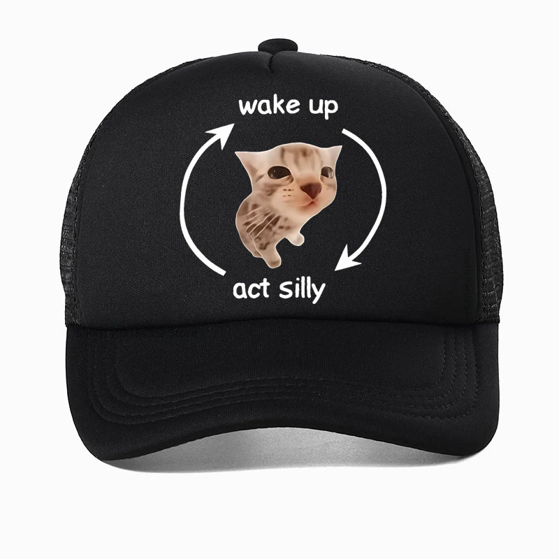

Wake Up Act Silly Meme Graphic Baseball Cap Funny Cute Cat Print Hip hop hat Casual Summer Fashion mesh breathable trucker hats