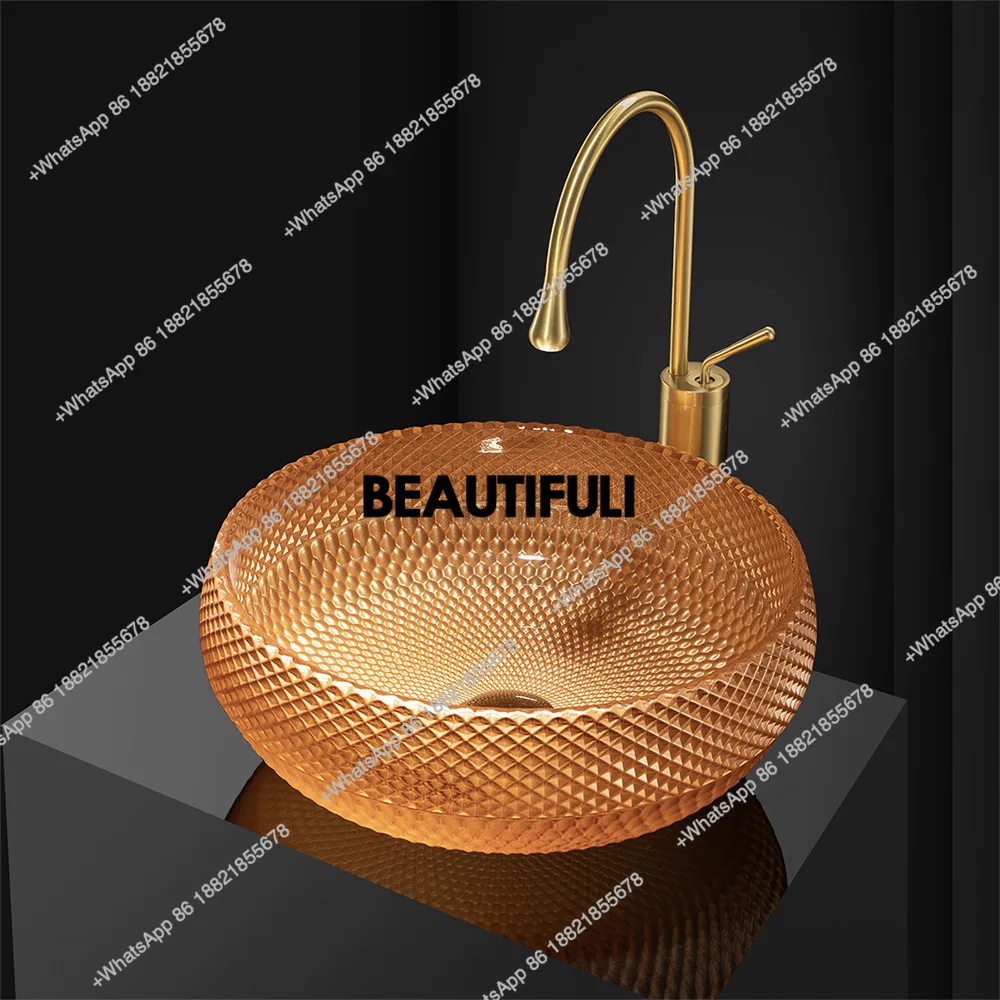 

Усовершенствованная круглая раковина на столешнице с сетчатым рисунком, легкая роскошная прозрачная раковина из хрустального стекла, для отеля, магазина