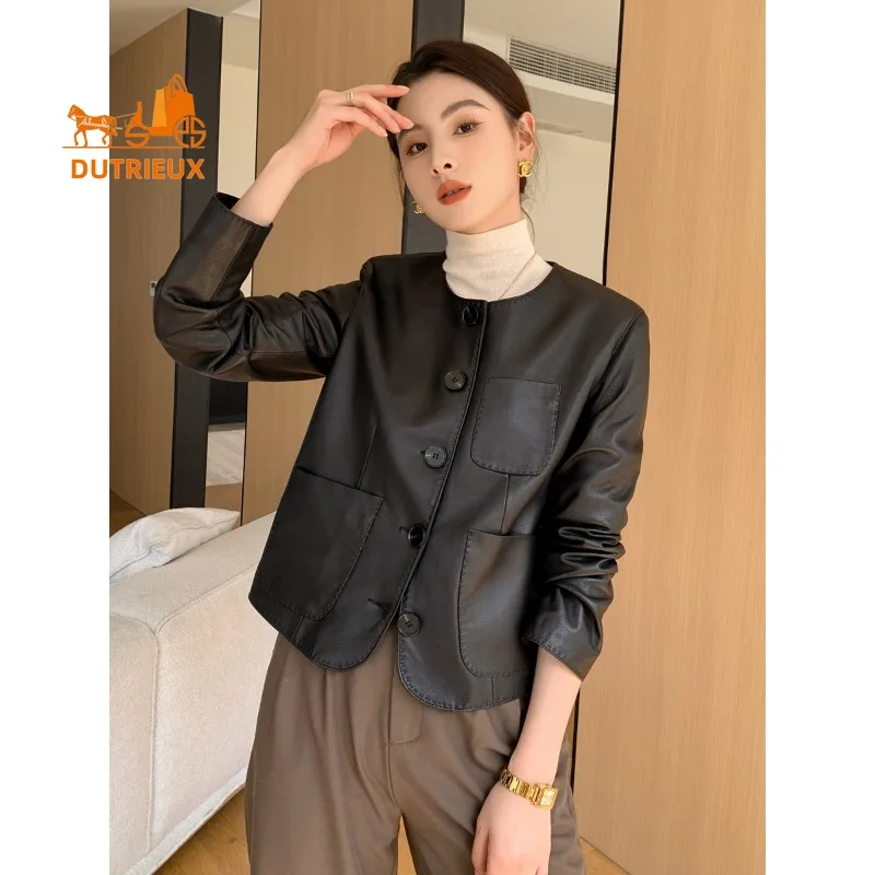 2025 New Autumn Women's Short Handmade Leather Jacket, Fashion and Elegant 100% Real Sheepskin Slim Coat for Women