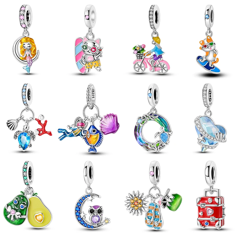 925 Silber Farbe Nette Urlaub Katze Rot Koffer Mond Eule Charms Perlen Fit Qikaola 925 Original Armbänder DIY Jahrestag Schmuck