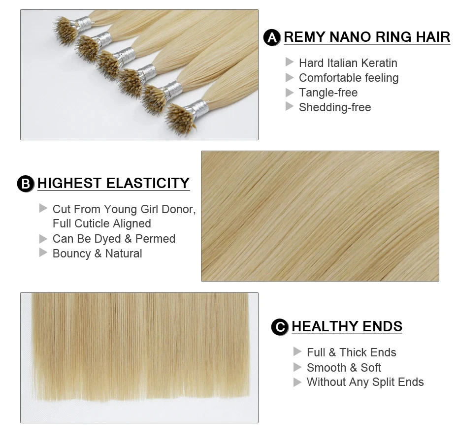 Remy Natural Europeu extensões de cabelo humano, Nano Anel Dica, Micro Beads, Real Remy, Destaques, 18-30in, 100% cabelo humano