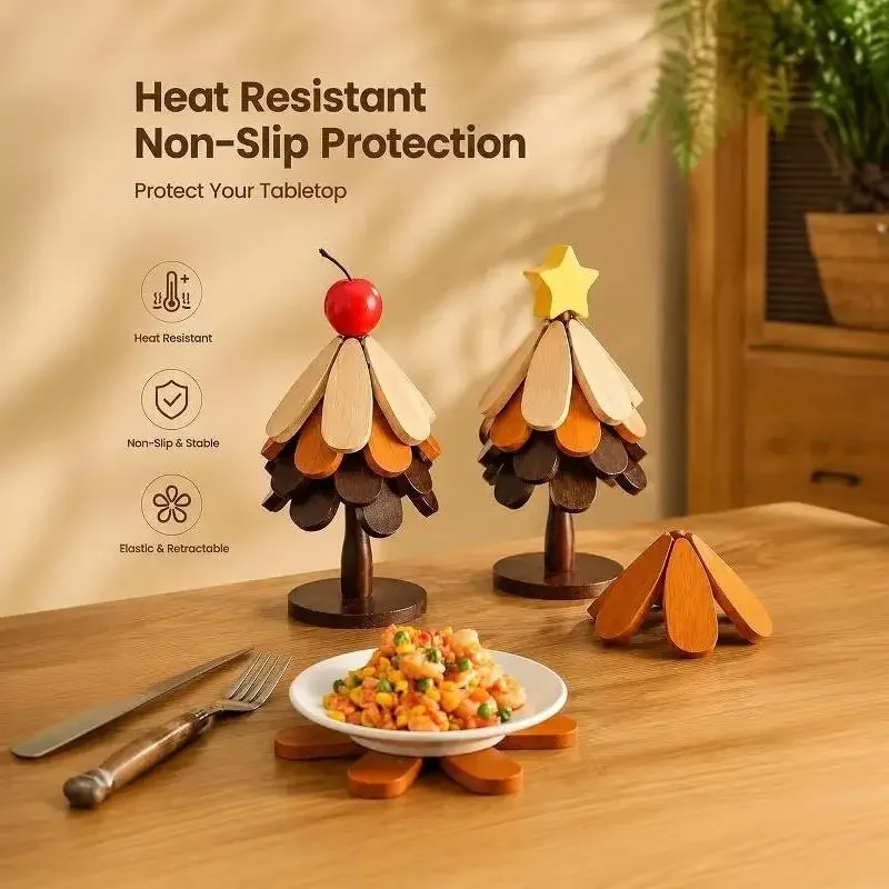 Wooden Table Coasters 5pcs Christmas Tree Trivets Heat Resistant Desk Coaster Tree Design Stand Table Mat Coaster Placemats