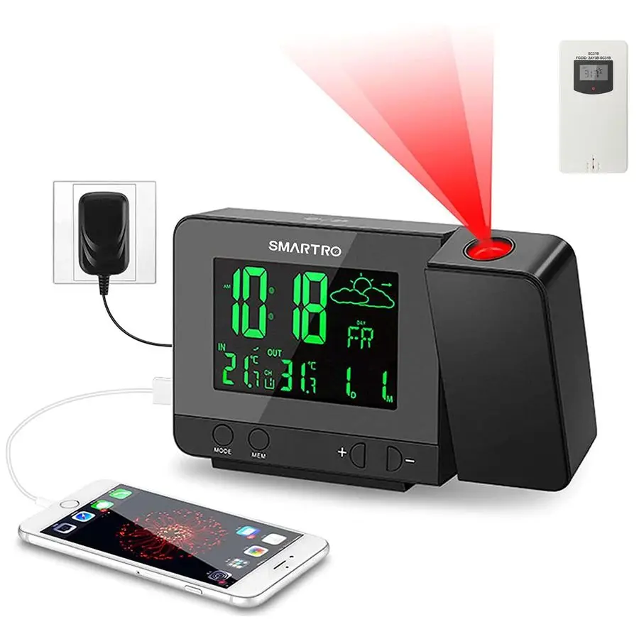 SC31B Digital Projection Alarm Clock with Weather Station, Indoor Outdoor Thermometer for Bedrooms, USB Charger, AC Battery Oper