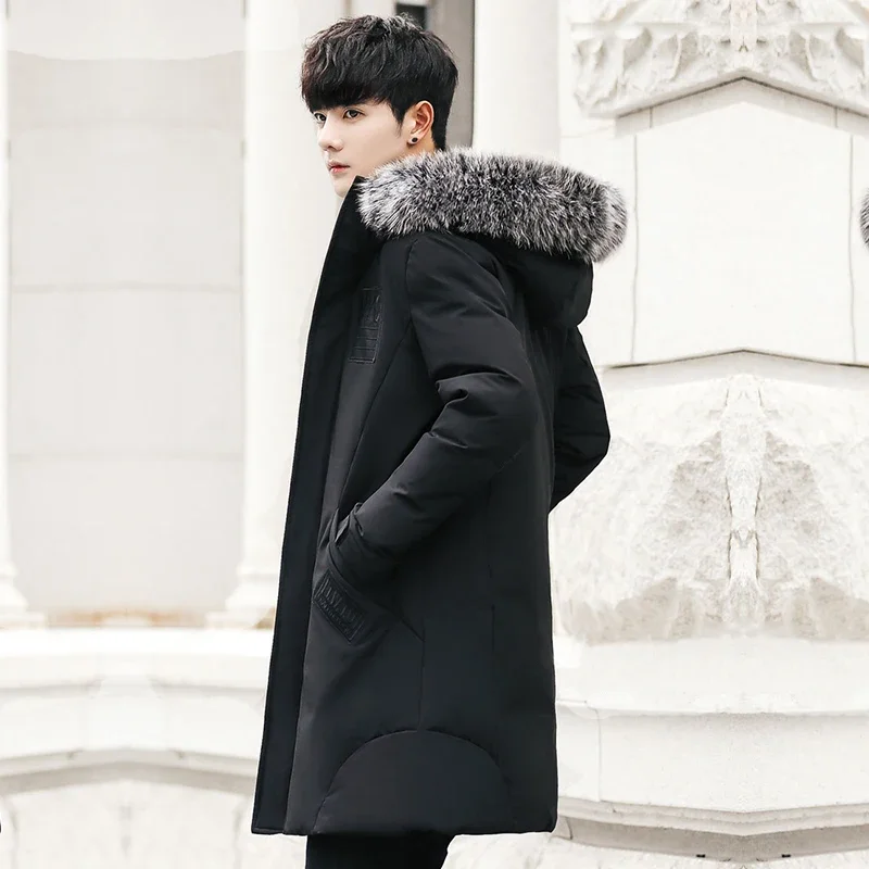 

Male Down Fur Collar Parka Jacket for Men Winter Mid-length Fashion Warm Parka New Youth Winter Thickened Windproof Long Parkas