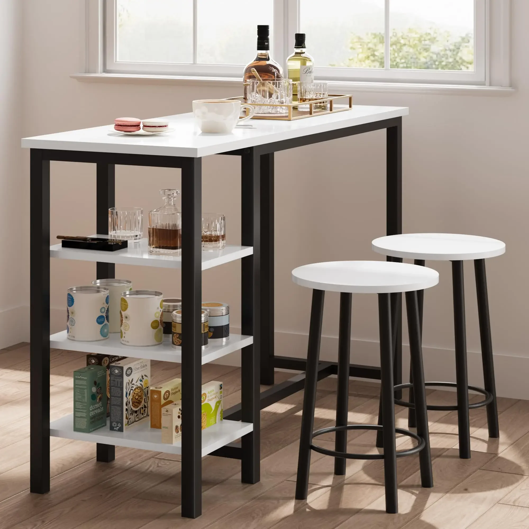 

Counter Height Dining Table With 2 Stools And 3 Shelves For Small Space Apartment Kitchen White