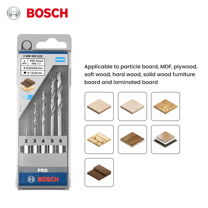Bosch PRO Series HSS Wood Drill Bits Set 5 Pcs, 1/4