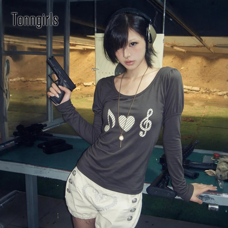 Tonngirls Y2k Aesthetic T-shirt Women Long Sleeve Korean Style Music Note Print Tee Streetwear Vintage Graphic Tops Tee E-girls