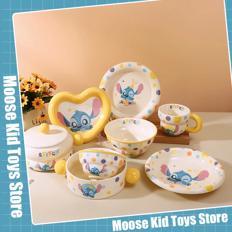 

Керамическая миска для риса в стиле аниме Disney Stitch, мультяшная кружка, чашка для лапши быстрого приготовления, набор тарелок для любви, милый стежок, домашний декор, подарок для девочки