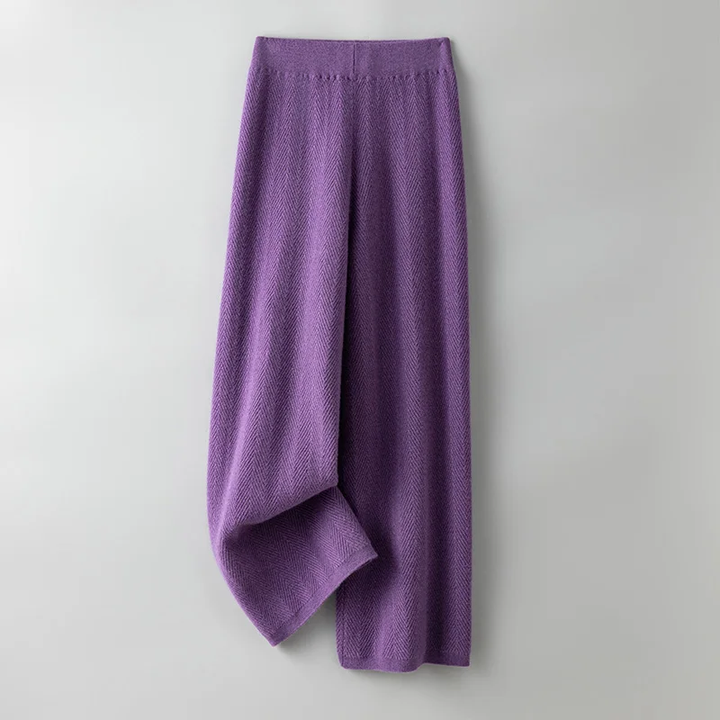 Pantalones de punto con patrón de espiga para mujer, pantalón informal de pierna ancha, holgado, de lana merina, moda coreana, otoño e invierno, 100%