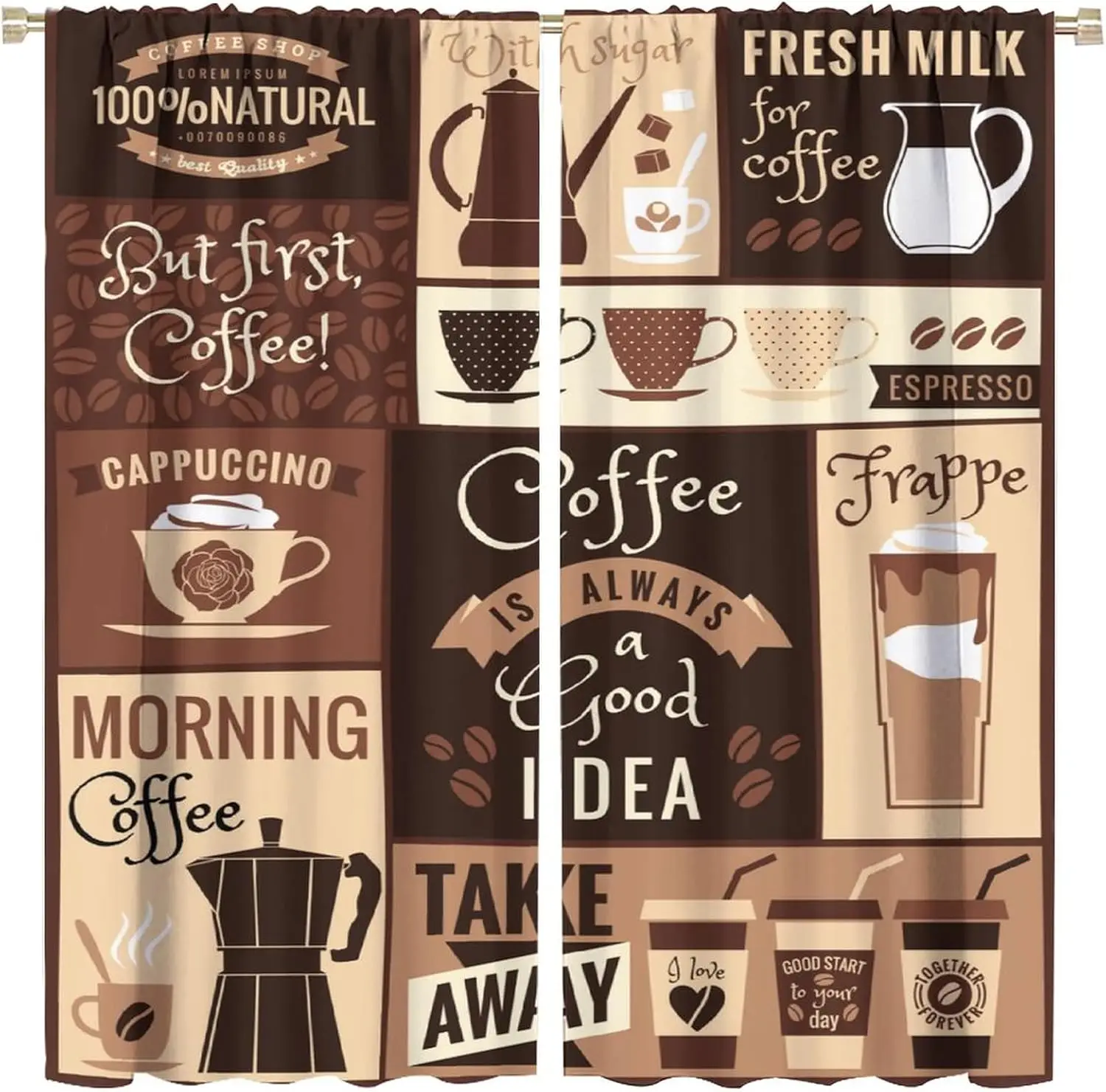 Vintage Coffee Slogan Patch Blackout Curtain 2 Panels Espresso Latte Cup Pot Print Window Drape Warm Home Coffee Corner Living