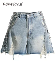 TWOTWINSTYLE Solid Denim Shorts For Women High Waist Patchwork Chain Temperament Casual Loose Sexy Short Panst Female Summer New