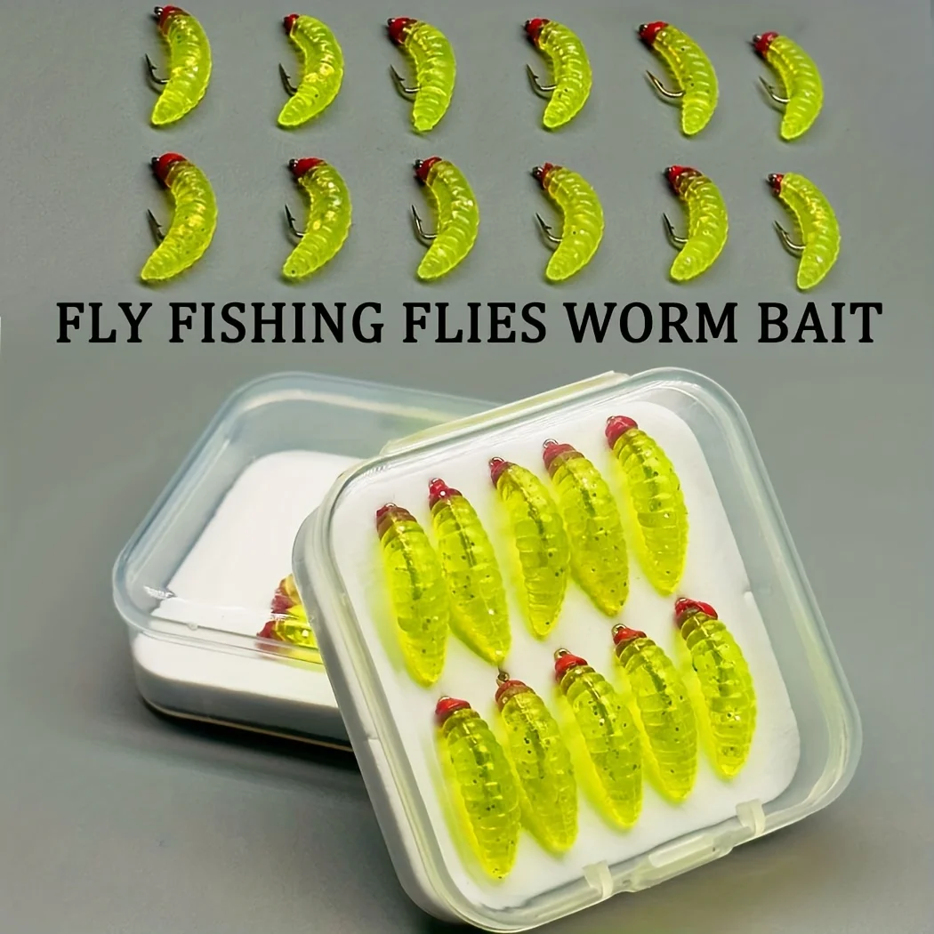 Muchy wędkarskie miękkie robaki robak przynęta-5/10 sztuk-sztuczna przynęta-z pudełkiem na muchy nimfa wędkarstwo łosoś pstrąg Bass muchy przynęta hak