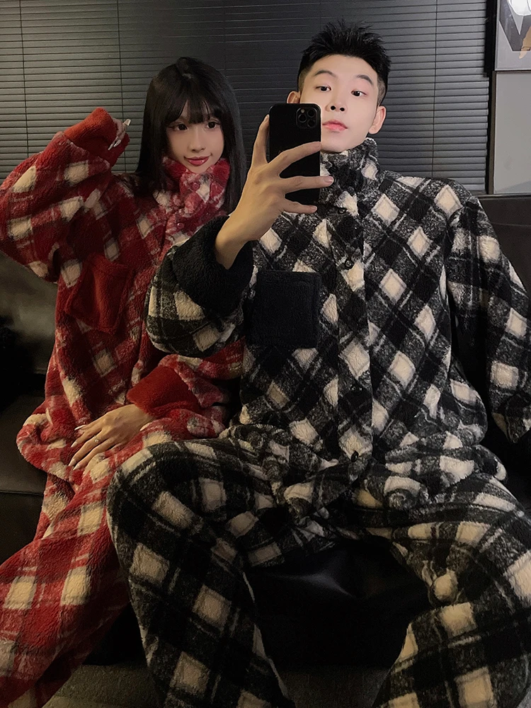 DAIMELU بيجامات رجالي بأكمام طويلة ملابس نوم شتوية من الصوف المرجاني سميكة مخملية للأولاد في سن المراهقة طقم ملابس نوم شتوية مقاس كبير