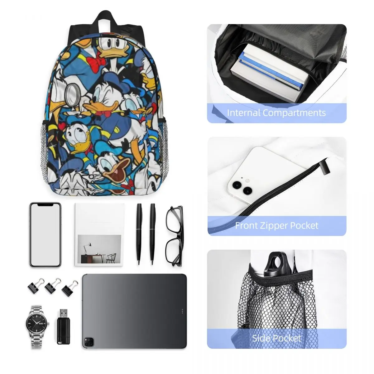 Donald Duck bedrukte lichtgewicht casual schooltas voor school, buiten, winkelen, kantoor 15 inch