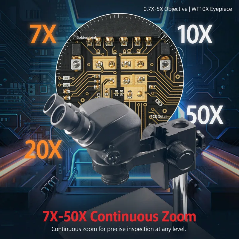 7-50X Continuous Zoom Stereo Microscope Set 0.7-5X Objective WF10X 22mm Eyepiece 56 LED Ring Light for PCB Inspection Soldering