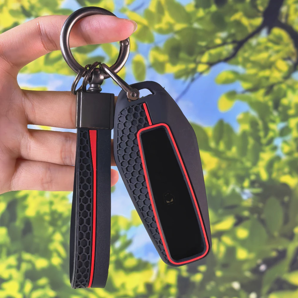 Skin Friendly Silicone Car Key Cover with Keychain for Chery ICAR03 Shuxiangjia EQ7 3 Button Remote Fob Honeycomb Red
