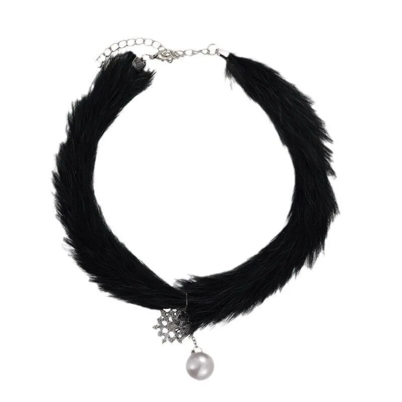 Korean Snowflake Pearl Choker Winter Cute Sweet Feather Plush Necklace for Women Chirstmas Party Choker Necklace Jewelry Gift