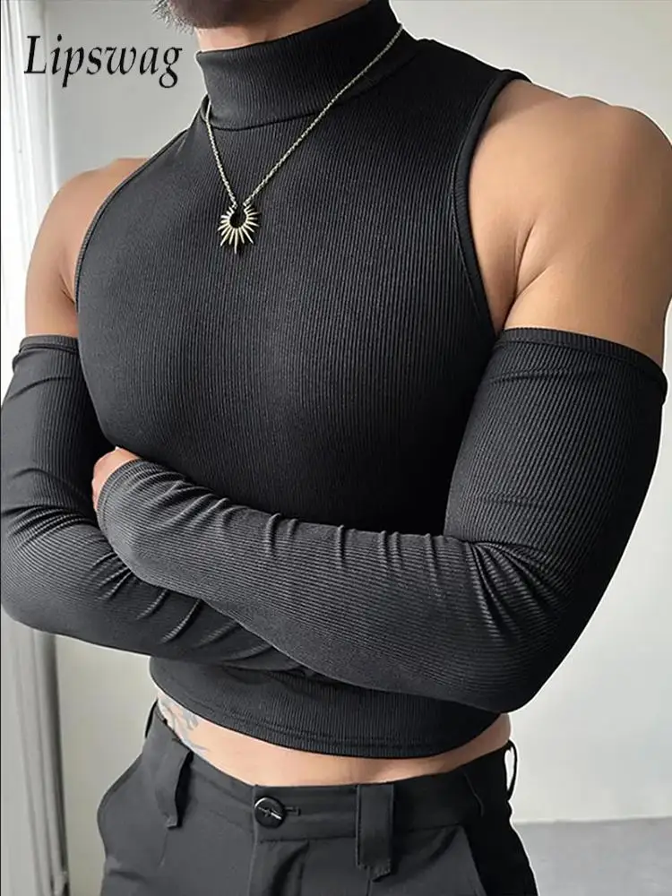 Sexy Men's Hollow Out Knit Tops Spring Autumn Daily Casual Long Sleeve Slim Knitted T-shirts Men Outdoor Fashion Turtleneck Tee