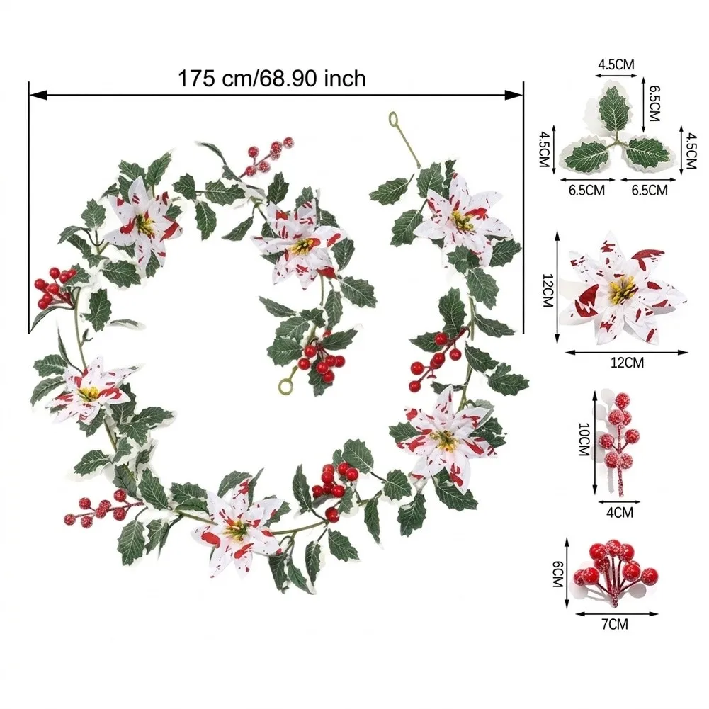 175cm Artificial Poinsettia Garland with Lifelike Red and White Berries for Christmas Fireplace Staircase and Front Door Decor