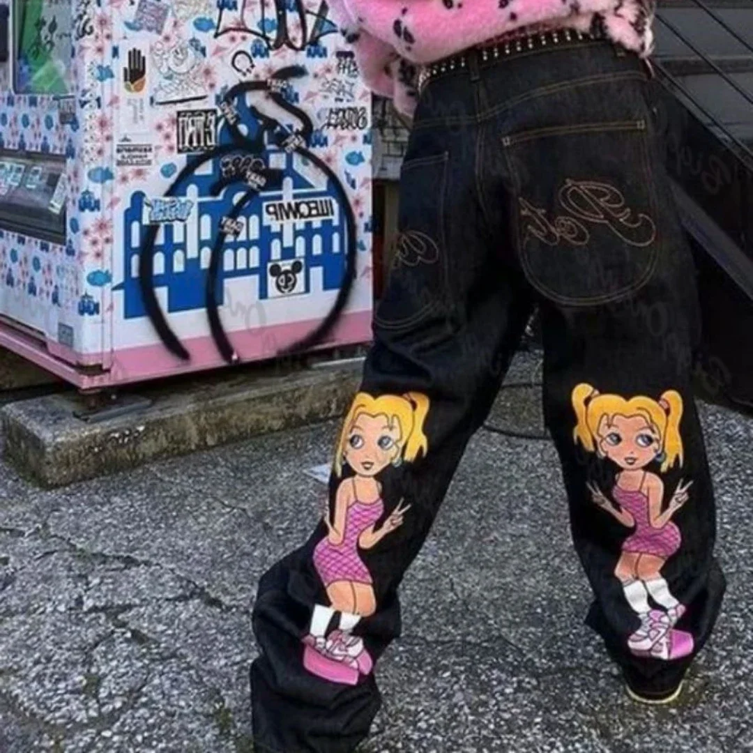 Pantalones vaqueros con estampado de doble cola de caballo para mujer, pantalón holgado de pierna recta y pierna ancha, estilo Harajuku gótico, Y2k