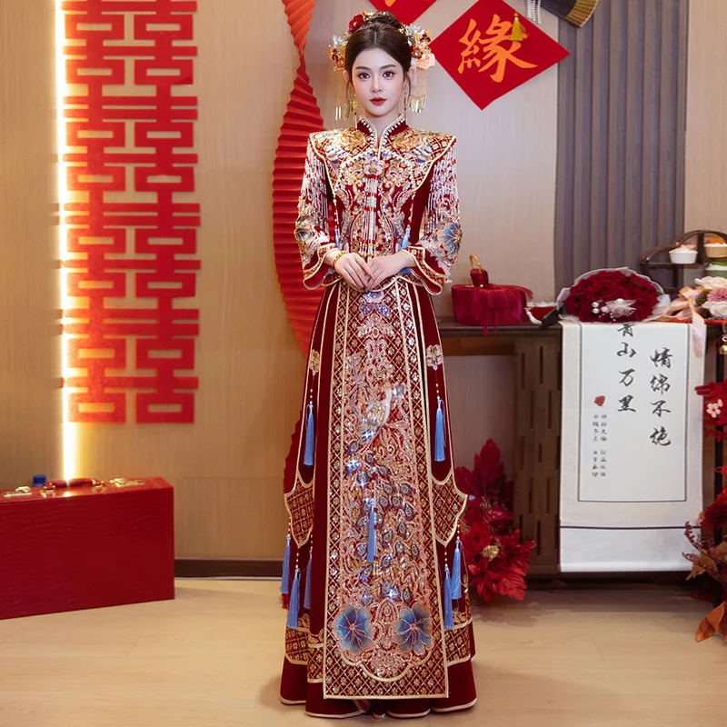 

Yourqipao Бархатное китайское традиционное свадебное платье Xiuhe, женский древний комплект Hanfu, свадебные тосты, помолвочные свадебные платья