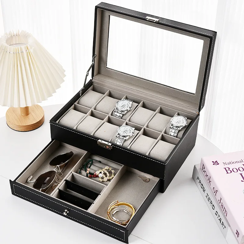 Multi-Bit Practical Family Watch Box PU Leather Transparent Window Jewelry Storage Box Jewelry Storage And Organization Box