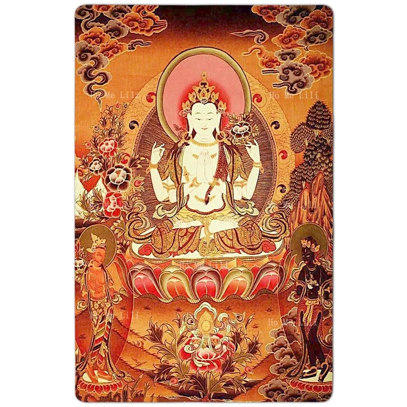 Hinduism Four Arm Guanyin Thangka Meditation Gold Buddha Painting Dharma Lotus Shape Non Slip Flannel Floor Rugs By Ho Me Lili