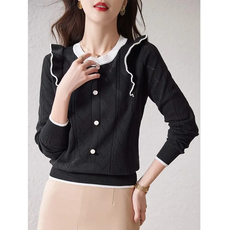 

Fashion O-Neck Button Loose Ruffles Knitted Sweater Female Clothing 2023 Winter New Casual Pullovers All-match Tops