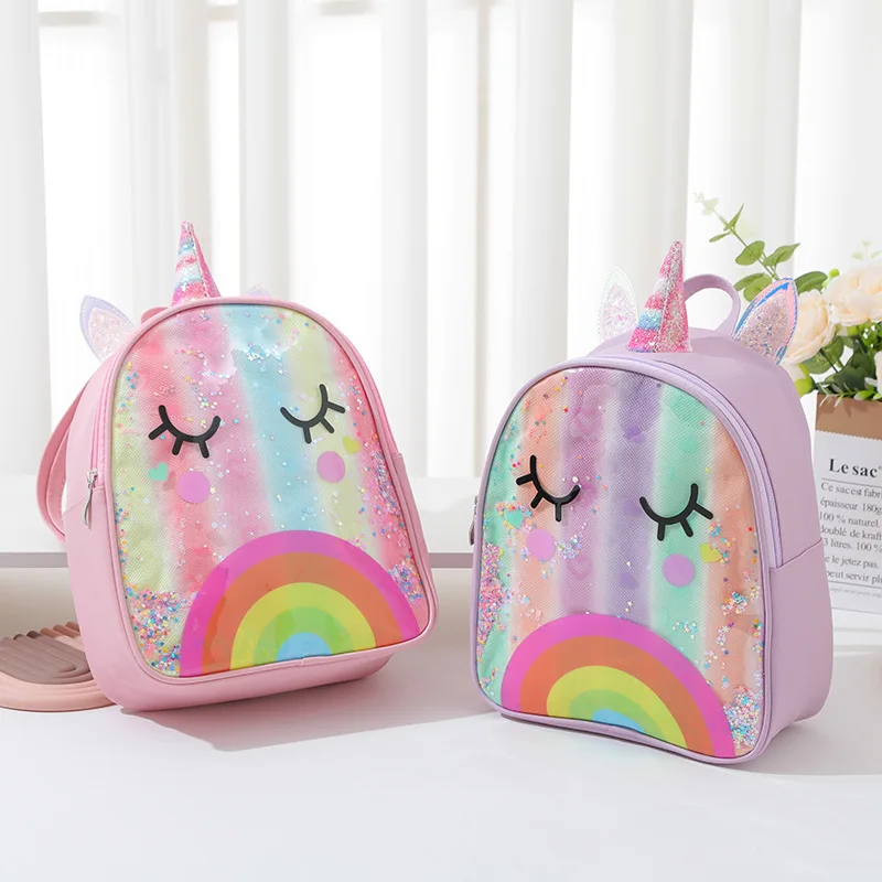 Princess Girls Rainbow Unicorn Backpack Children Sequins Cartoon Pink Shoulders Bag Baby Kids Kindergarten Schoolbag Pony Bag