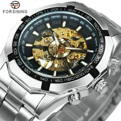 WINNER Luxury Skeleton Autoamtic Mechanical Watch for Men Silver Stainless Steel Strap Luminous Hands Fashion Forsining Watches