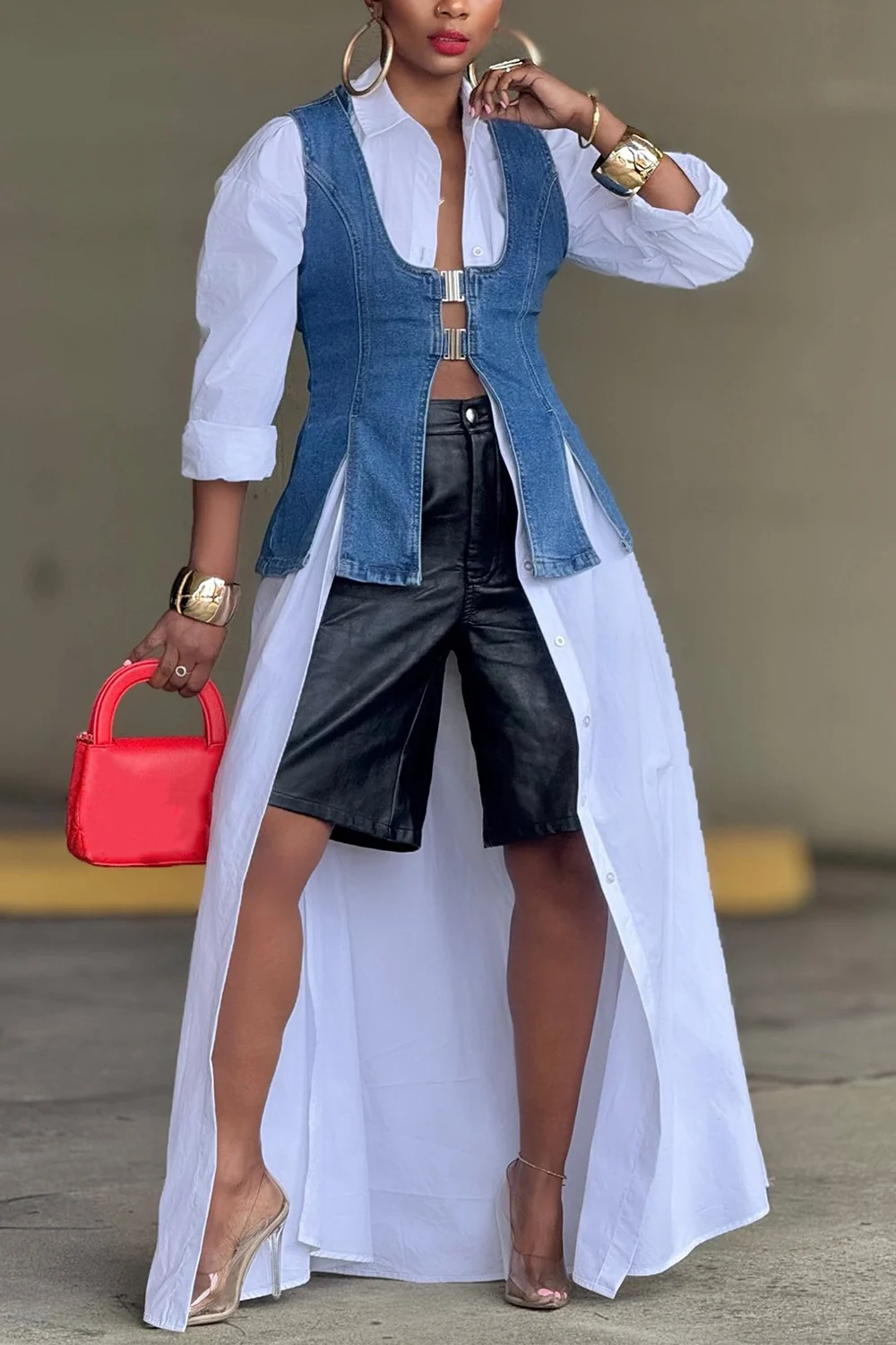 Plus Size Women's Business Casual Blue Split Denim Vest