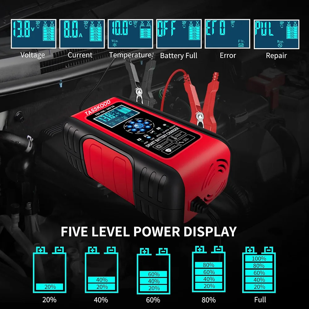 شاحن بطارية السيارة 10A Lifepo4 شاحن بطارية السيارة من حمض الرصاص، شاحن هزيلة للسيارات 12/24 فولت الكل في 1 صيانة البطارية