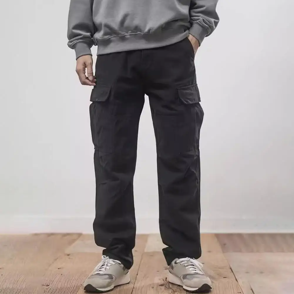 Straight Leg Shape Trousers Vintage Style Men's Cargo Pants with Multiple Pockets for Outdoor Travel Loose Fit Straight Leg