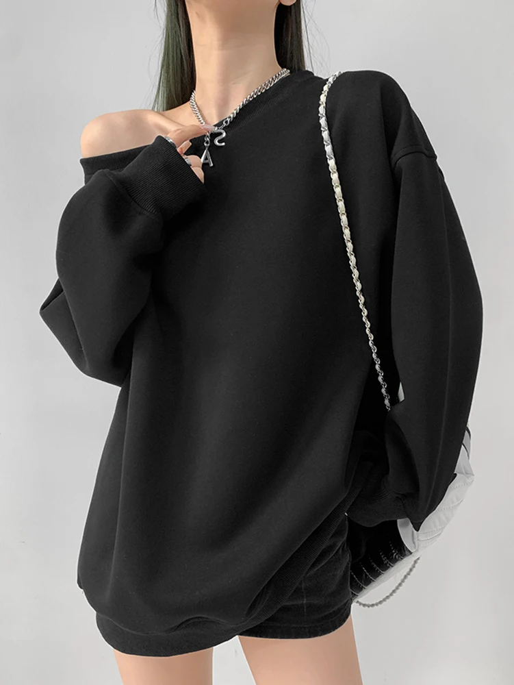 ملابس حريمي كاجوال كورية بلون سادة بدون أكتاف وأكمام طويلة بلوزات خريف وشتاء كل مباراة فضفاضة تي شيرت نسائي