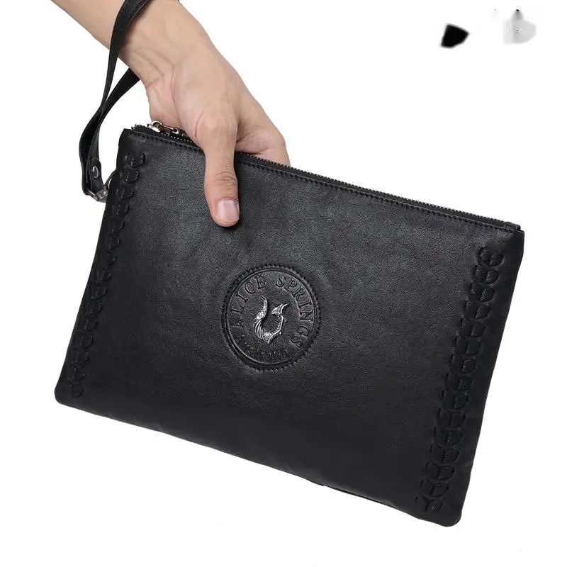 New Genuine Men's Clutch Luxury Men Bag Business Vegetable Tanned Messenger Leather Large Capacity Fashion Woven Pattern Handbag