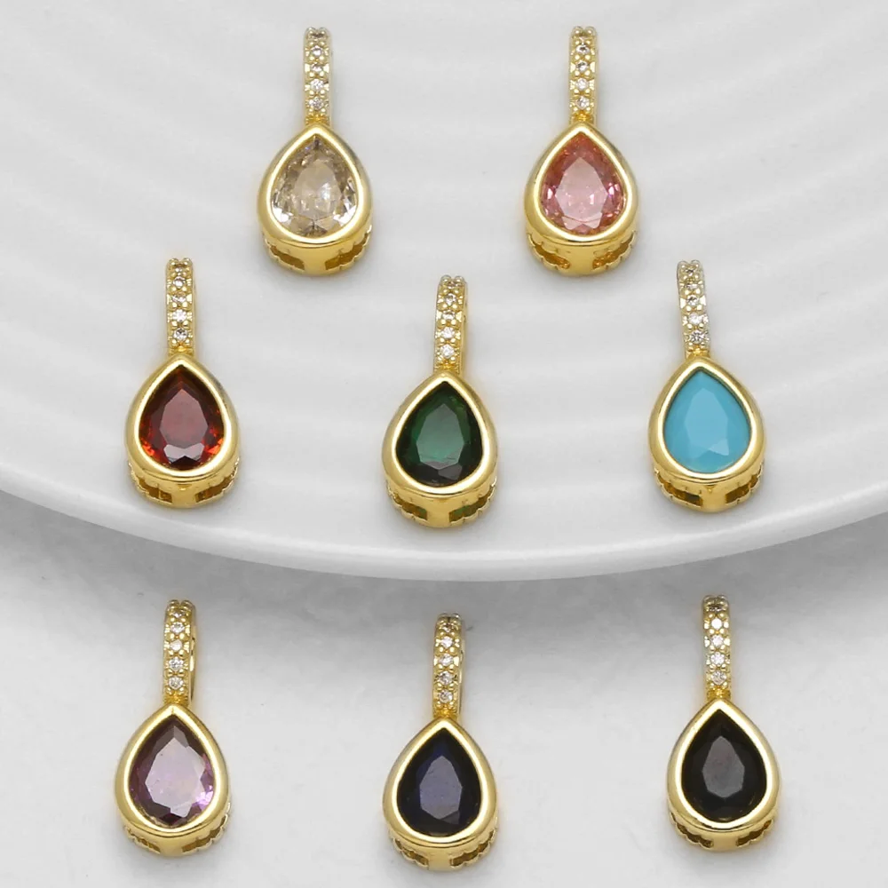 OCESRIO Teardrop Zircon Pendant Gold Plated Brass Charm Colorful Gemstone Necklace DIY Jewelry Accessory for Women pdtc056