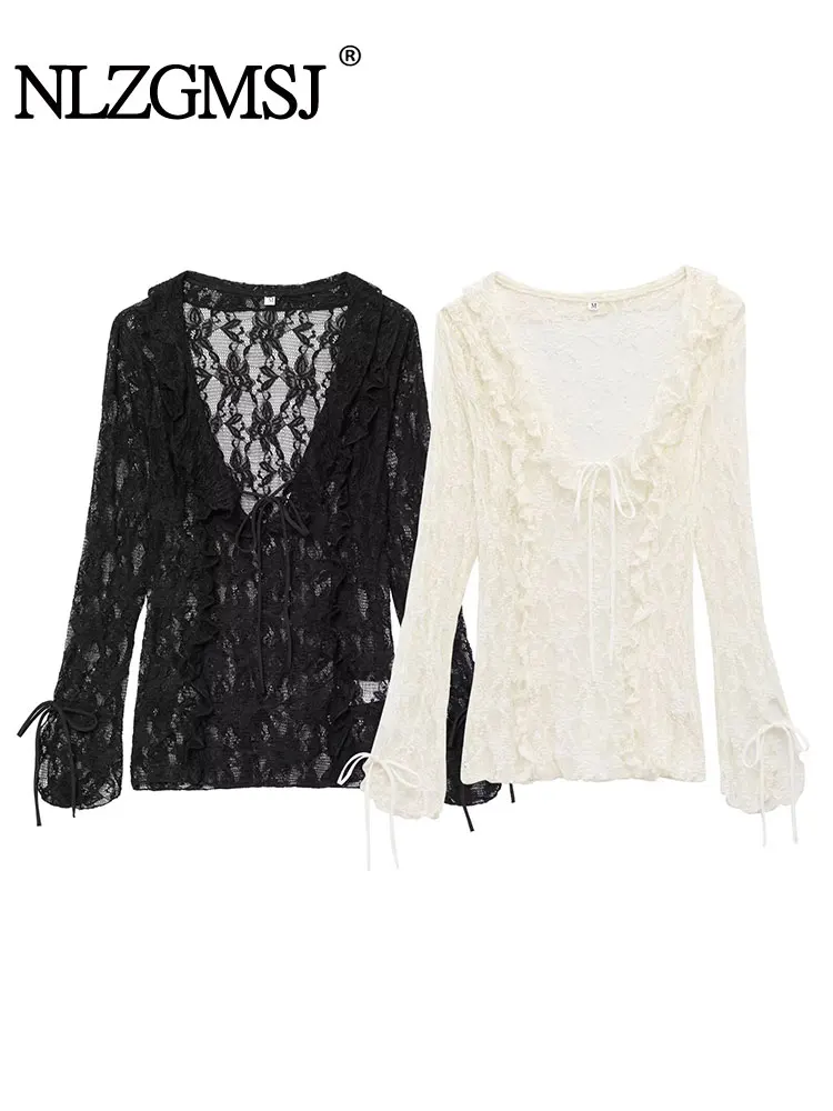 

2025 Spring Summer Chic Sexy Transparent Women Solid Tops Long Sleeve V-Neck Tierred Lace Tops Fashion Streetwear Tops