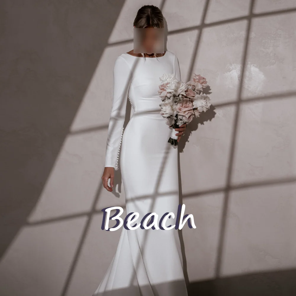 

Beach Crystal Backless Long Sleeves Crew Neck Mermaid Sweep Train Solid ivory Fairy Garden Wedding Dress High Quality Woman